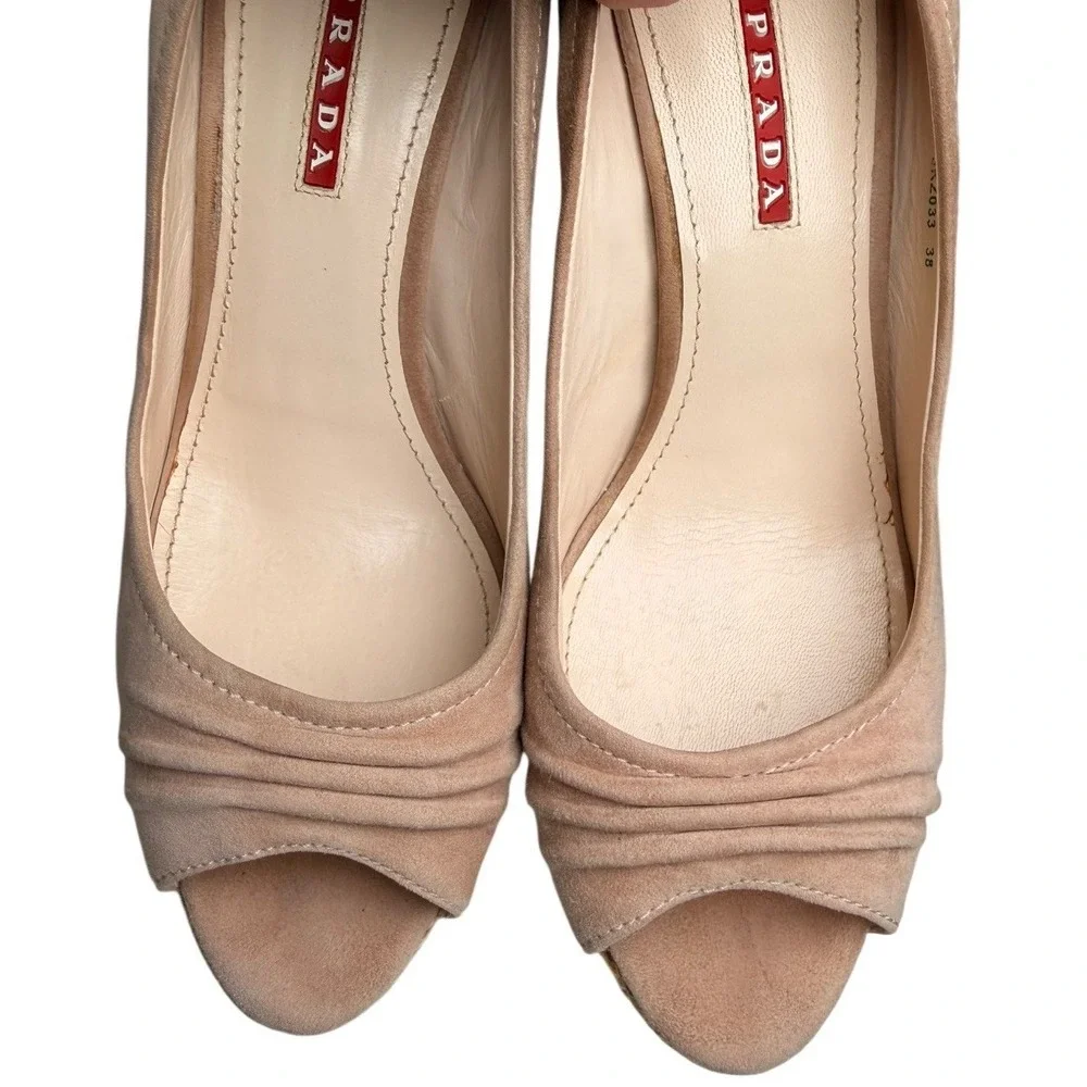 Authentic Prada 3KZ033 Nude Suede Cork Espadrille Wedge‎ Heels EU 38 US 7.5 8